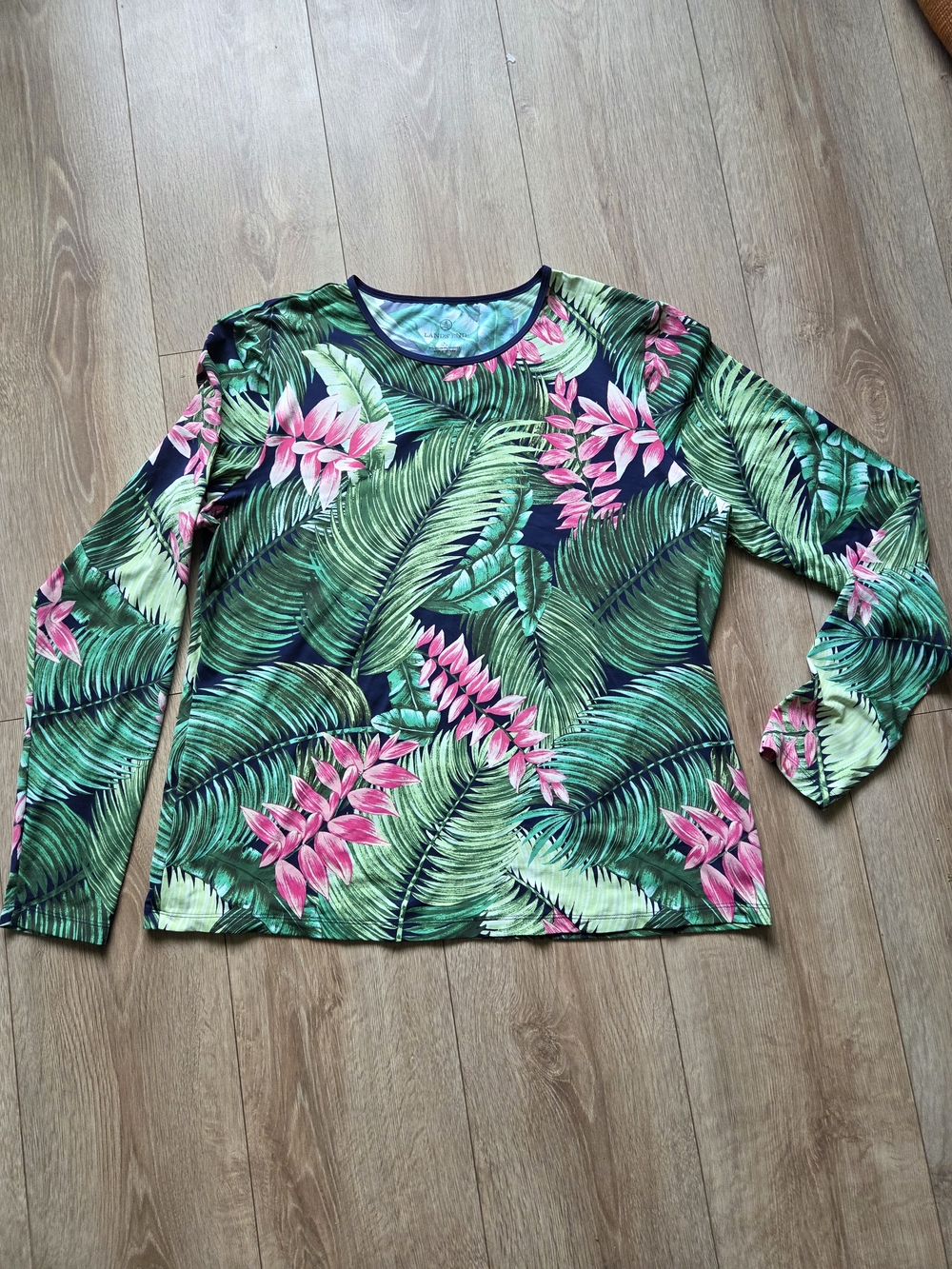 Lands' End Green Tropical Long-Sleeve Tee with Pink Floral